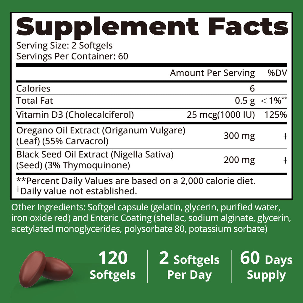 Oil of Oregano with Black Seed Oil Softgels, Vitamin D3